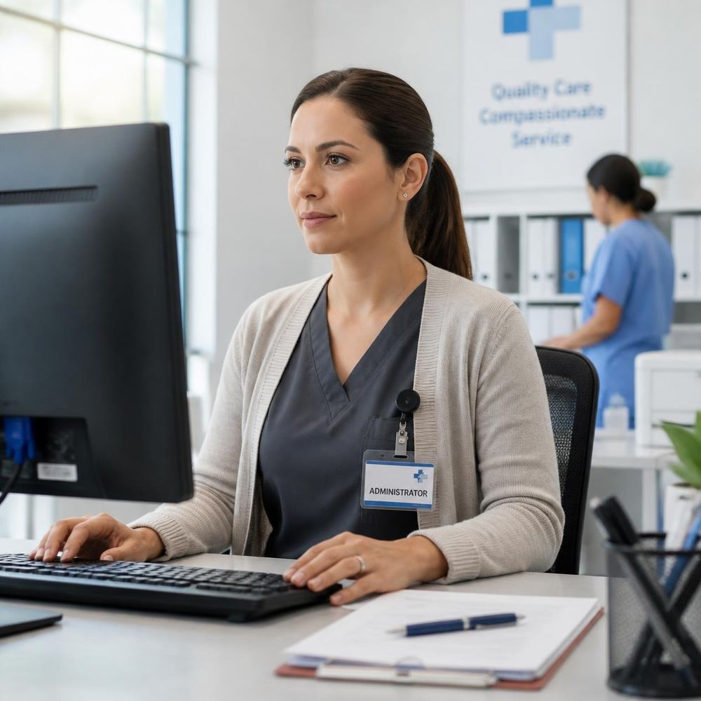 Healthcare administrator working on claims at a computer