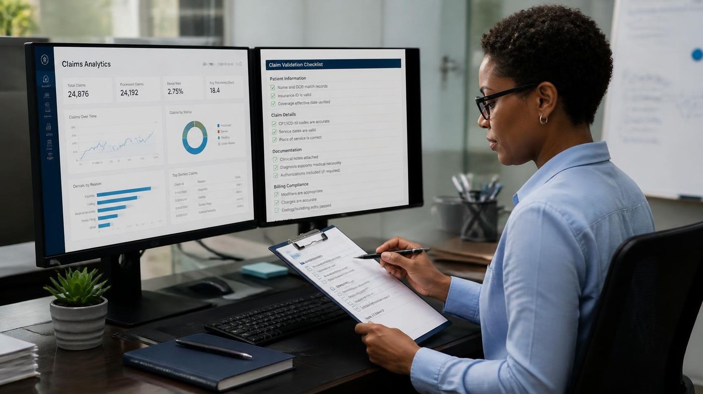Specialist reviewing claims analytics and a claim validation checklist